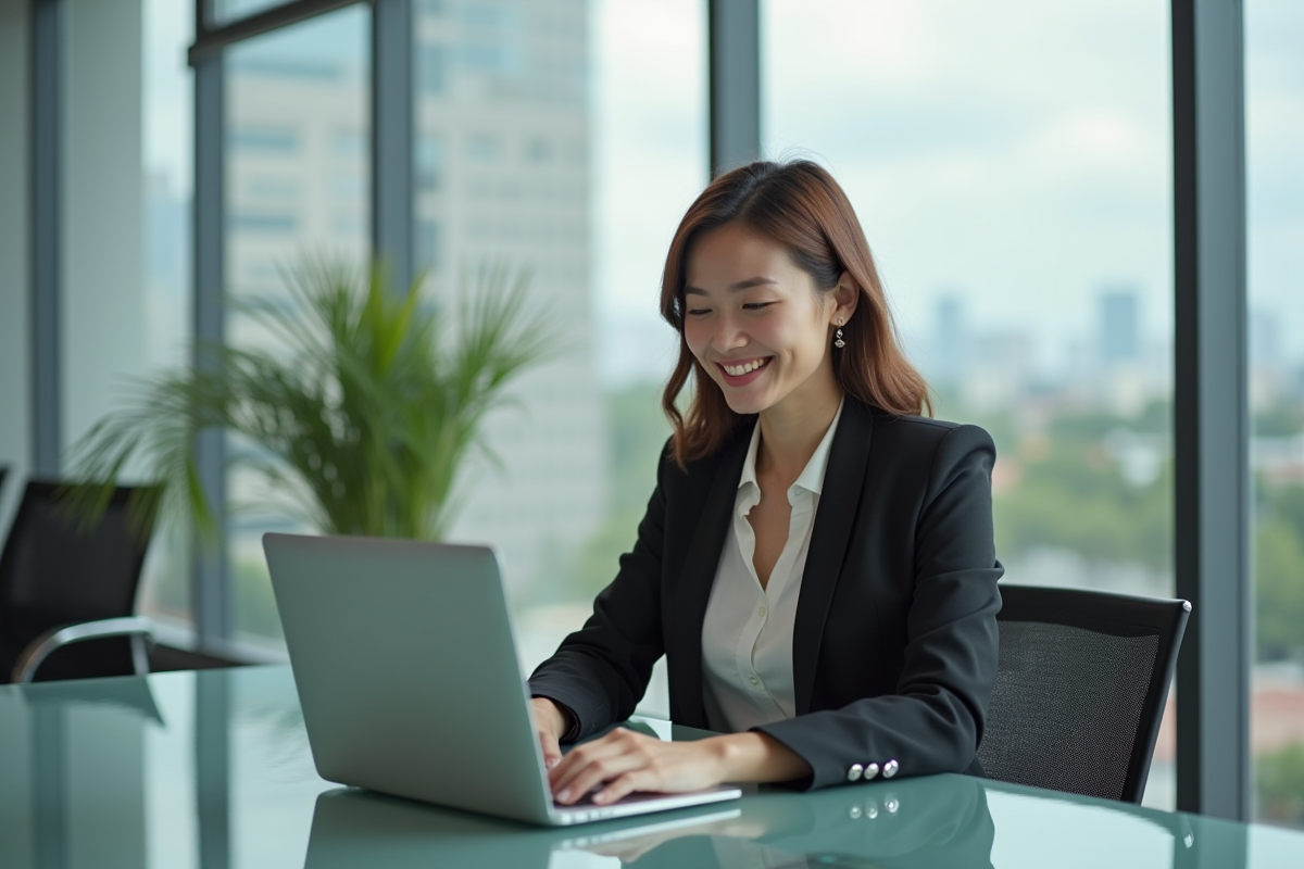 Femme d'affaires souriante au bureau moderne