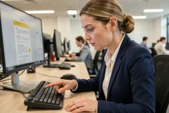 Femme en bureau pointant un symbole d'avertissement sur un clavier mécanique