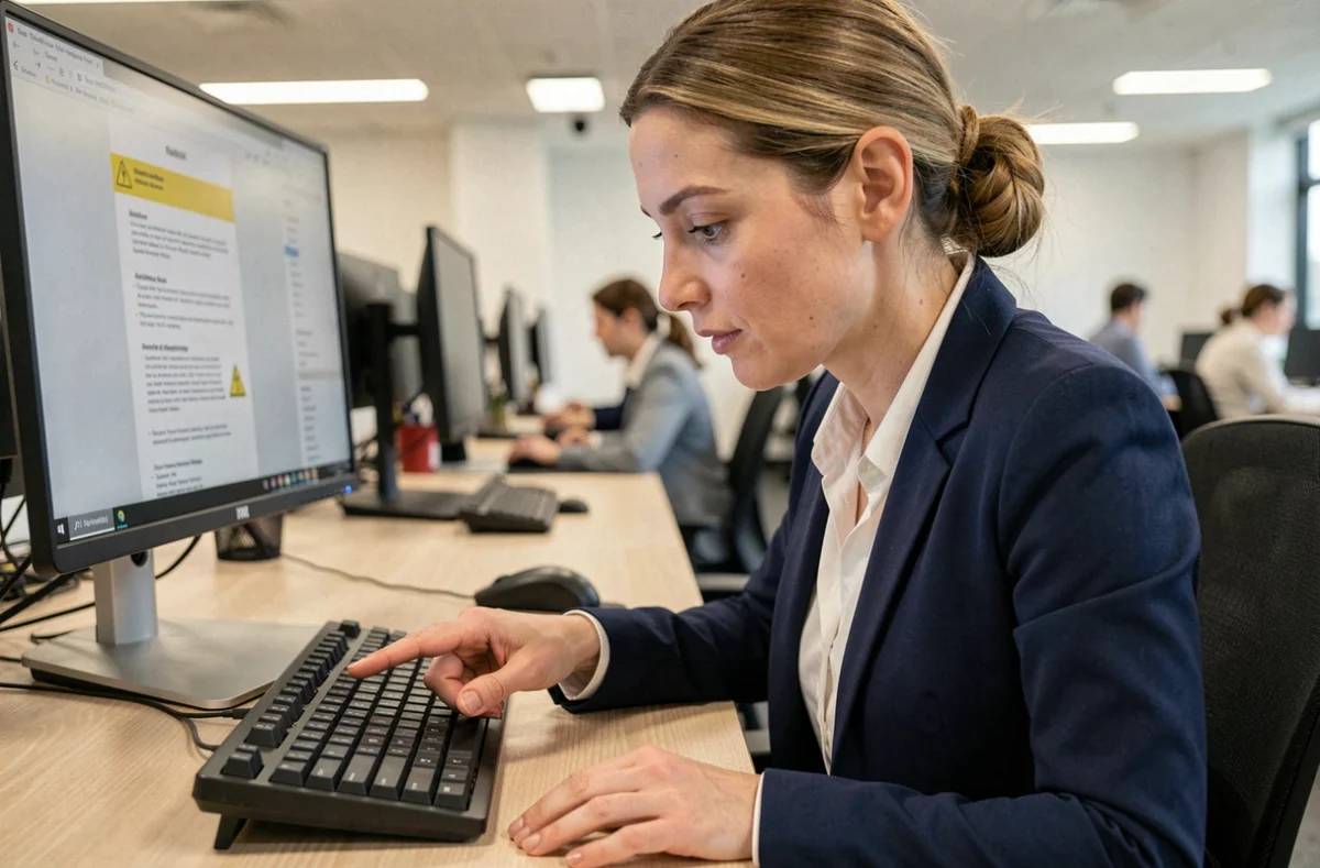 Femme en bureau pointant un symbole d'avertissement sur un clavier mécanique