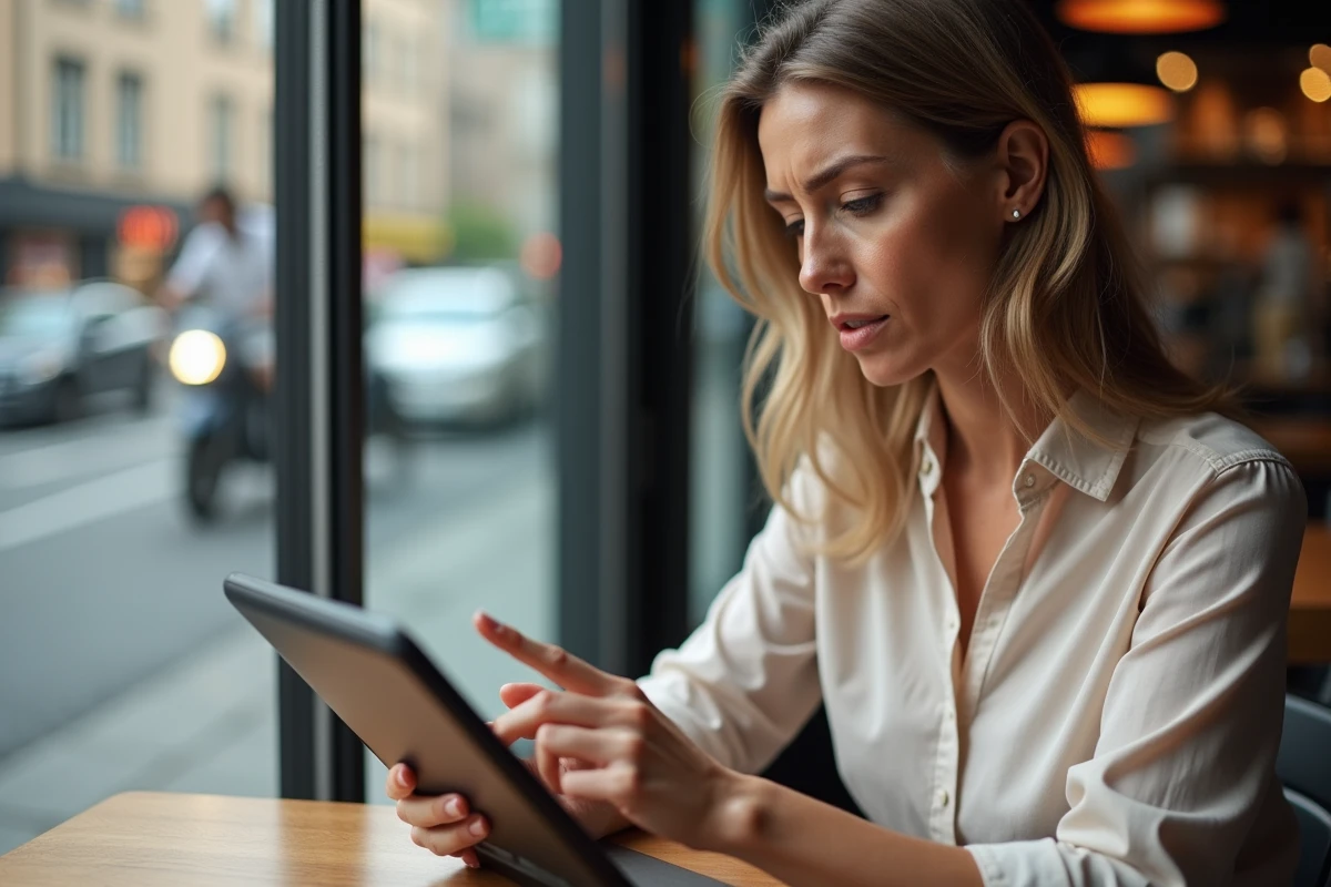 Femme d age moyen utilisant une tablette au café