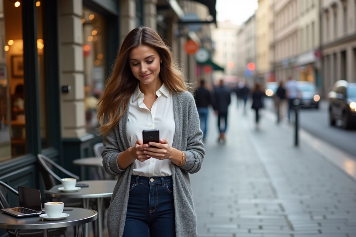 Femme dans un café urbain consulte des actualités Apple sur smartphone