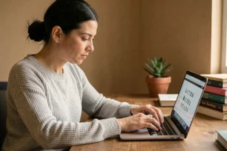Femme tapant des accents espagnols sur un clavier d'ordinateur portable pour écrire des prénoms correctement