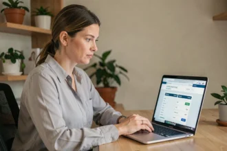 Femme professionnelle comparant les prix d'abonnement ChatGPT 5 sur son ordinateur portable dans un bureau à domicile moderne