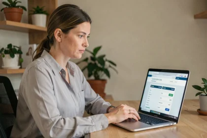 Femme professionnelle comparant les prix d'abonnement ChatGPT 5 sur son ordinateur portable dans un bureau à domicile moderne