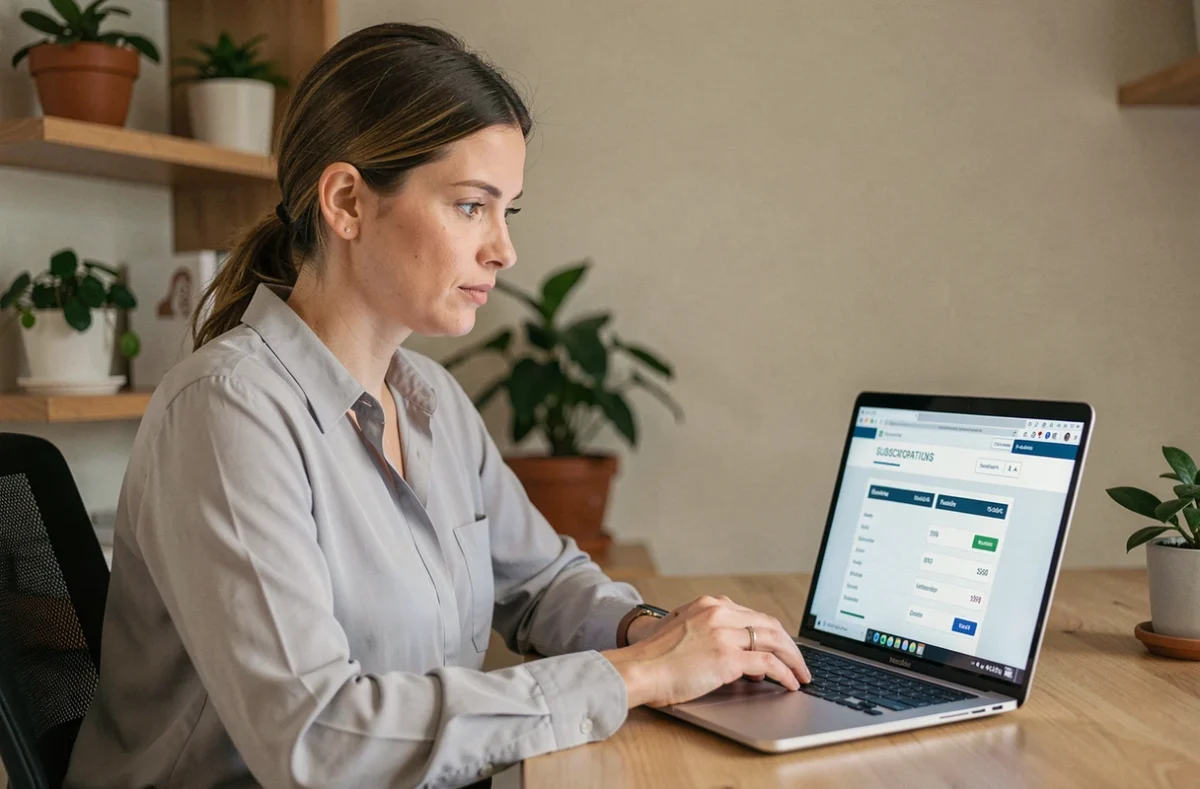 Femme professionnelle comparant les prix d'abonnement ChatGPT 5 sur son ordinateur portable dans un bureau à domicile moderne