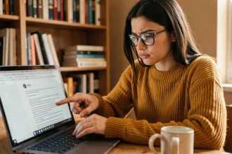 Jeune femme comptant les caractères d'un texte sur son ordinateur portable dans un bureau à domicile chaleureux