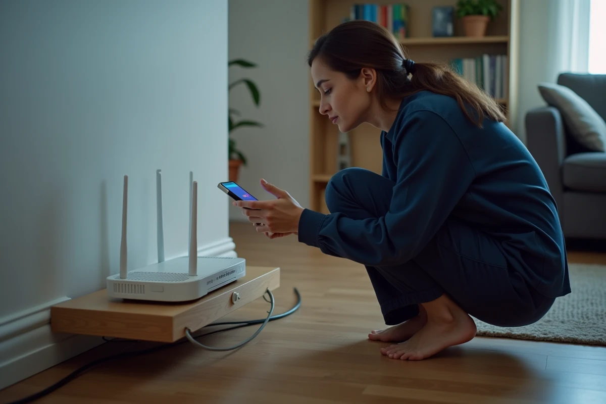 Femme consultant l'adresse IP de sa Livebox sur un smartphone pour accéder au panneau d'administration