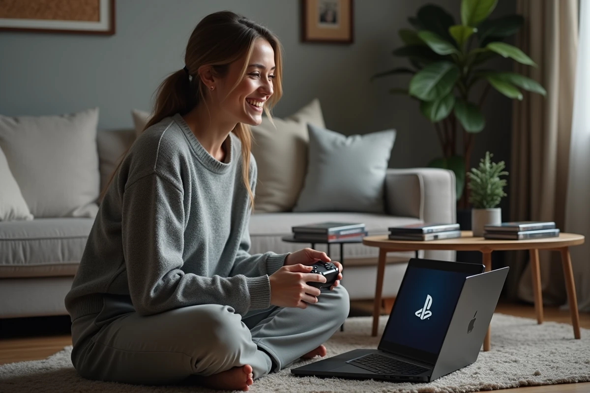 Femme connectant une manette à un ordinateur portable dans le salon