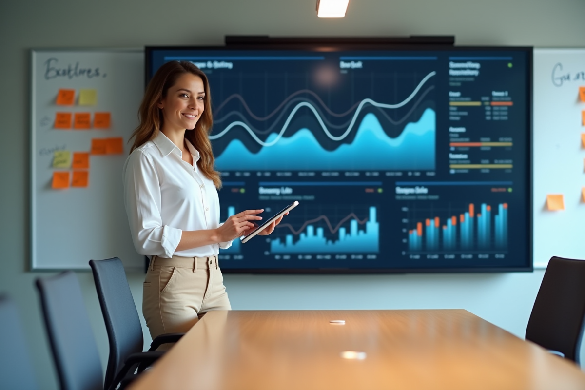 Femme utilisant une tablette devant un tableau de bord digital