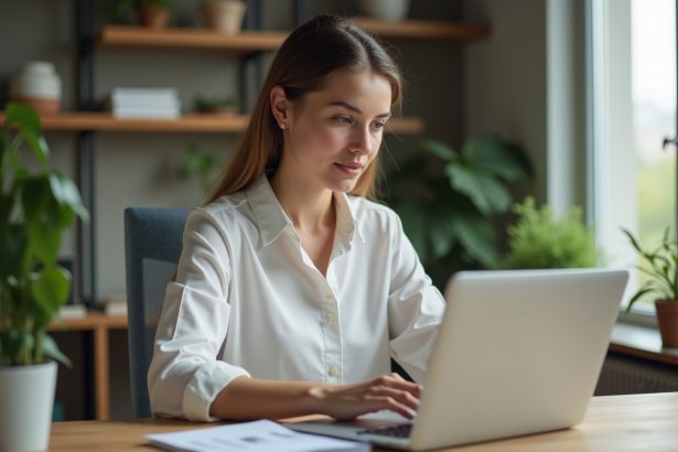 Jeune femme travaillant sur un flyer avec son ordinateur