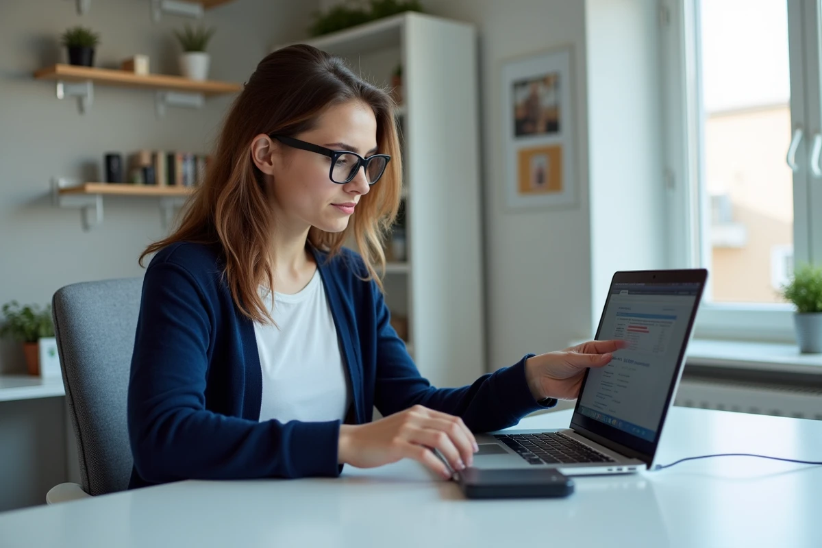 Femme dépannant une Freebox dans un bureau lumineux