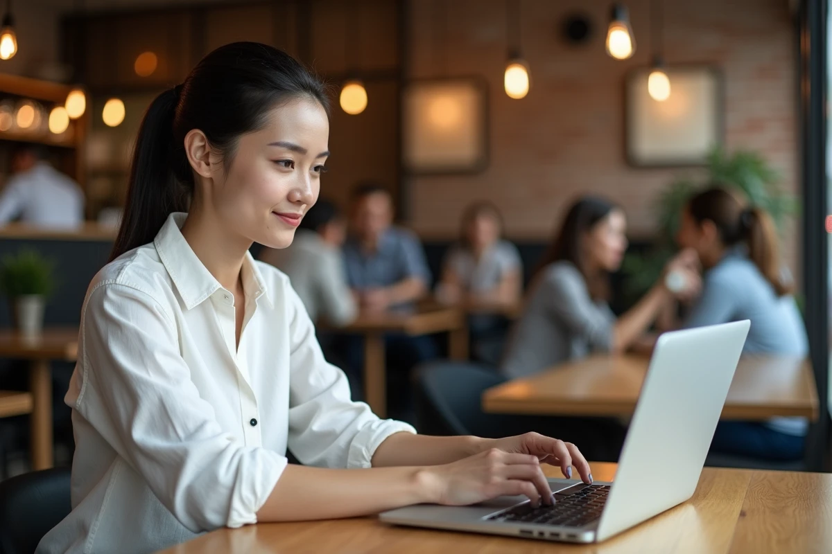 Femme consultant un forum en ligne dans un café en cherchant des messages supprimés archivés
