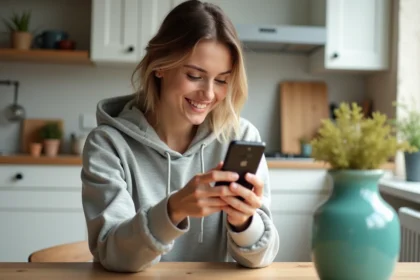 Femme utilisant Google Lens sur Android pour identifier un objet dans une cuisine moderne