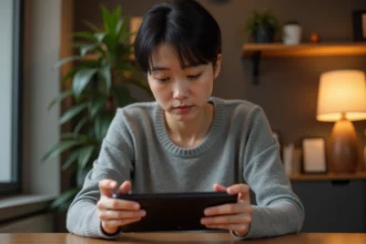 Femme tenant une console Nintendo Switch et inspectant ses boutons pour résoudre un problème de démarrage