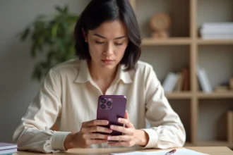 Femme tenant un iPhone 14 Pro Deep Purple et comparant les options d'achat dans un bureau à domicile
