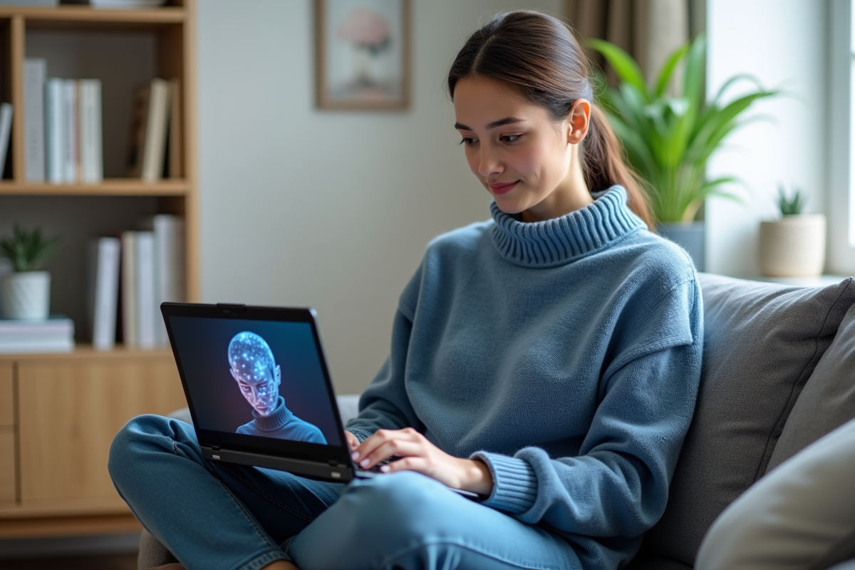 Jeune femme avec ordinateur portable dans un salon moderne