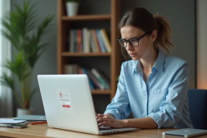Femme frustrée devant son ordinateur portable après avoir oublié son mot de passe de messagerie académique