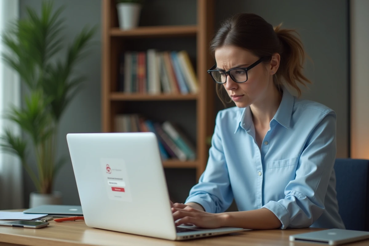 Femme frustrée devant son ordinateur portable après avoir oublié son mot de passe de messagerie académique