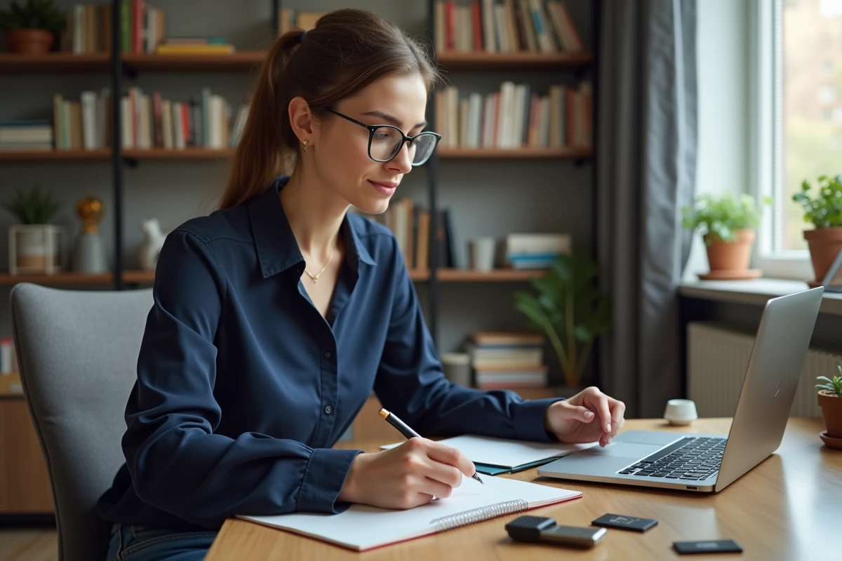 Jeune femme compare clés USB et SSD dans son bureau