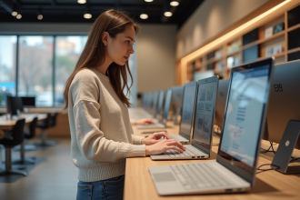 Jeune femme compare des ordinateurs en magasin moderne