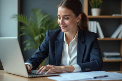Femme d'affaires concentrée sur son ordinateur dans un bureau moderne