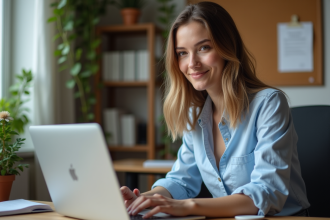 Jeune femme professionnelle travaillant sur un ordinateur dans un bureau moderne