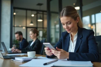 Femme professionnelle en blazer marine consultant son smartphone dans un bureau moderne en open space