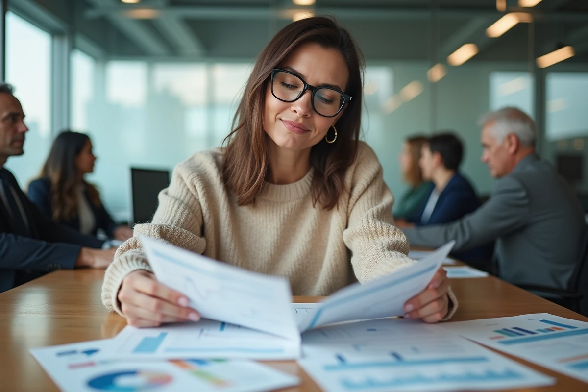 Femme d affaires examinant des rapports sur une grande table
