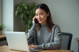 Femme professionnelle tenant un Samsung E250 à clapet sur un bureau minimaliste, symbolisant la concentration sans distractions numériques