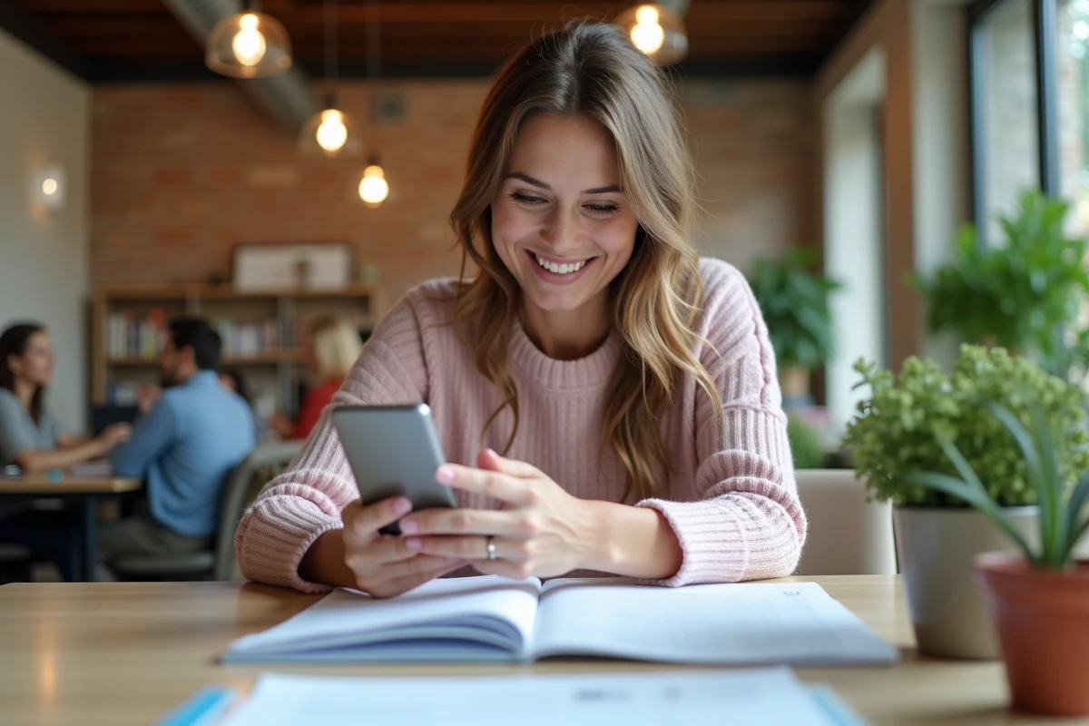 Femme en coworking scannant des factures avec son smartphone