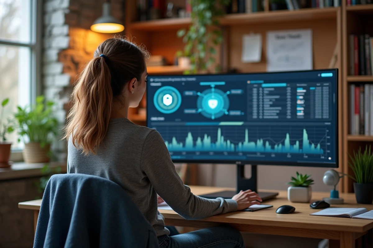Jeune femme en casual vérifiant un tableau de bord de sécurité réseau à la maison