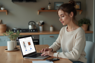 Jeune femme compare des sites de shopping en ligne