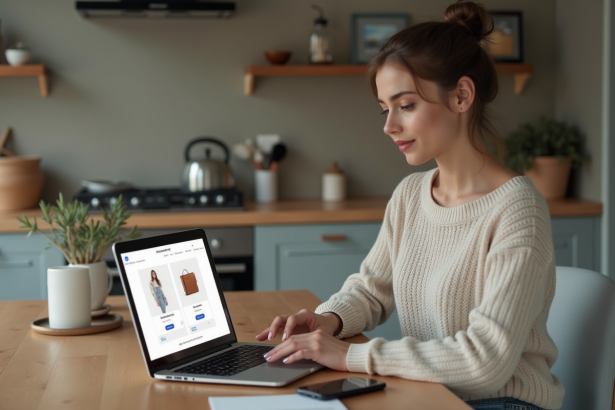 Jeune femme compare des sites de shopping en ligne