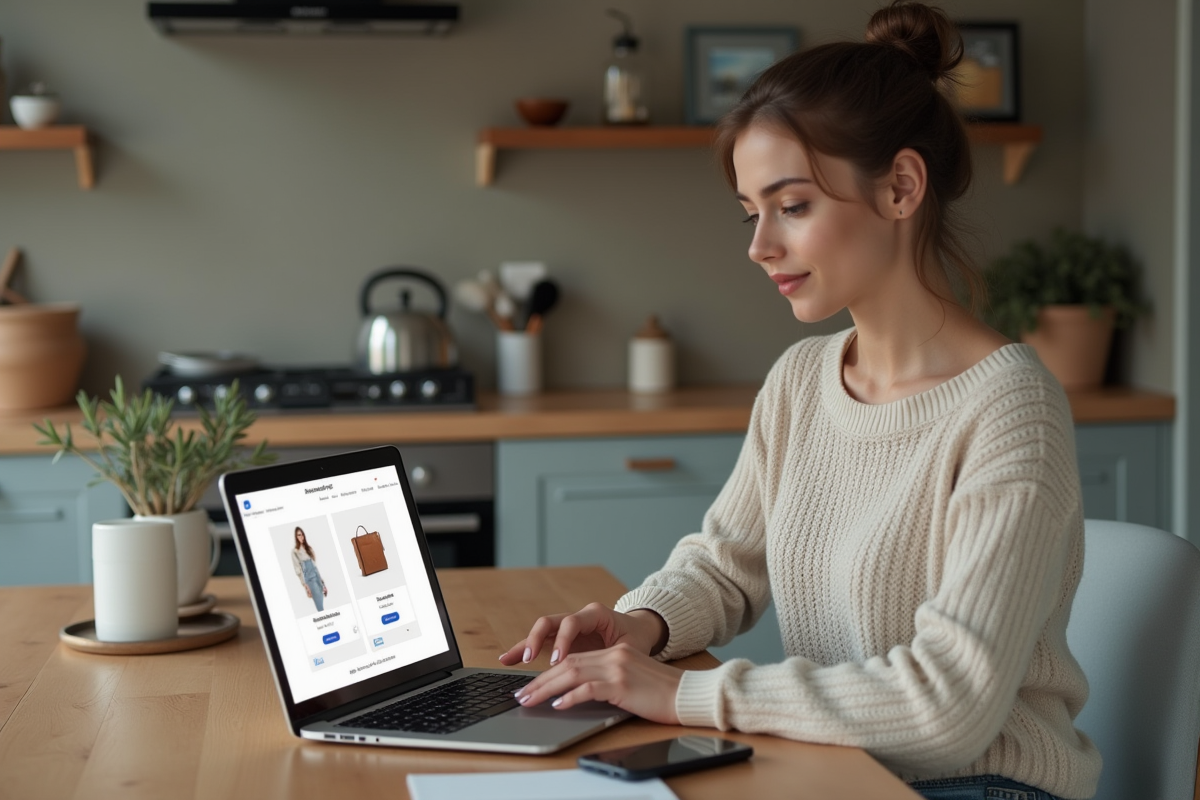 Jeune femme compare des sites de shopping en ligne