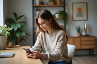 Jeune femme avec smartphone dans un appartement cosy