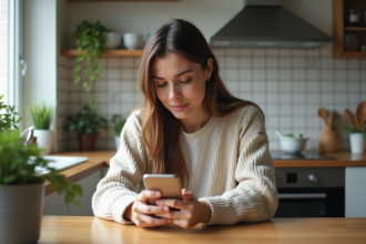 Jeune femme attentive à son smartphone dans une cuisine lumineuse