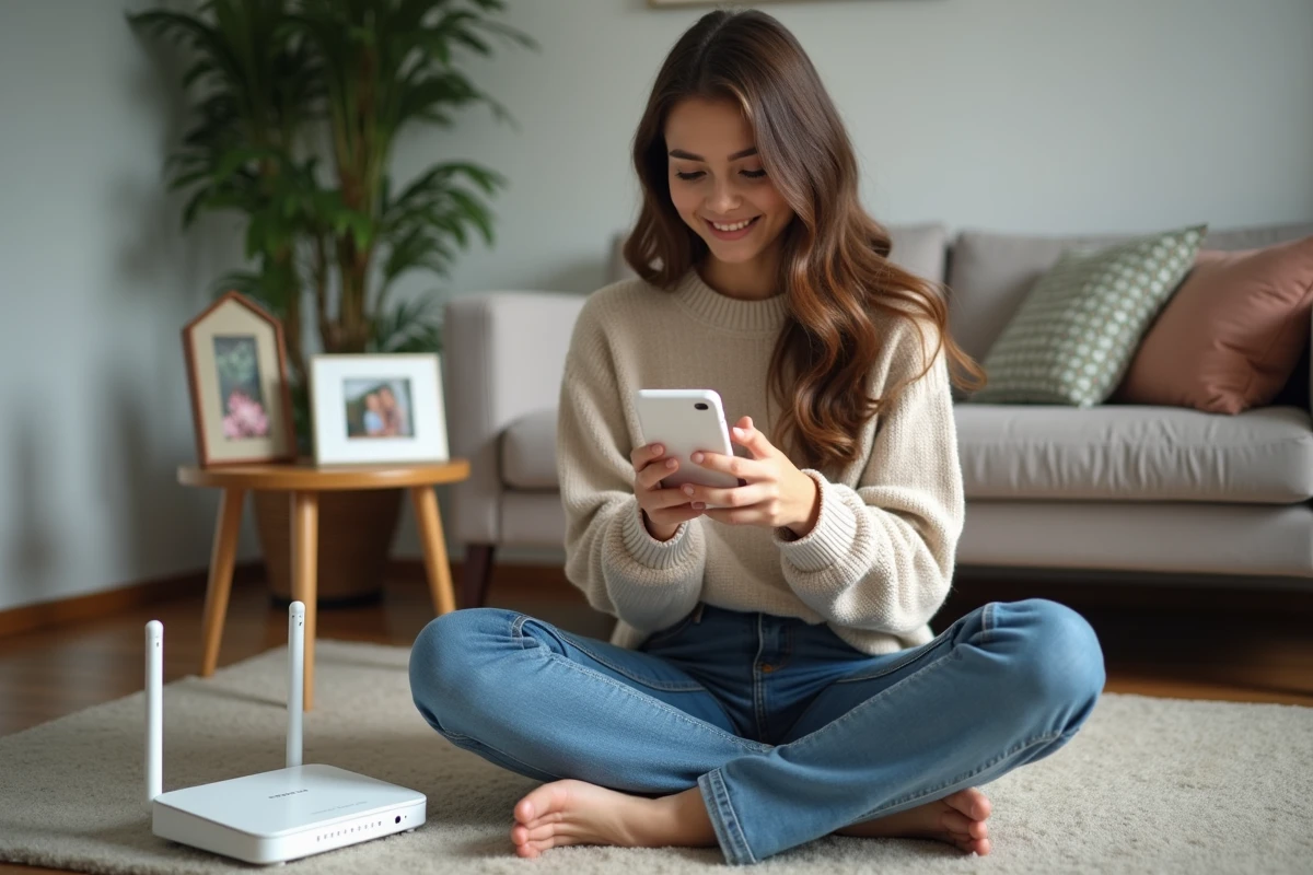 Jeune femme utilisant son smartphone avec un routeur à côté
