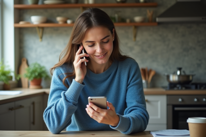 Jeune femme parlant au téléphone dans une cuisine moderne