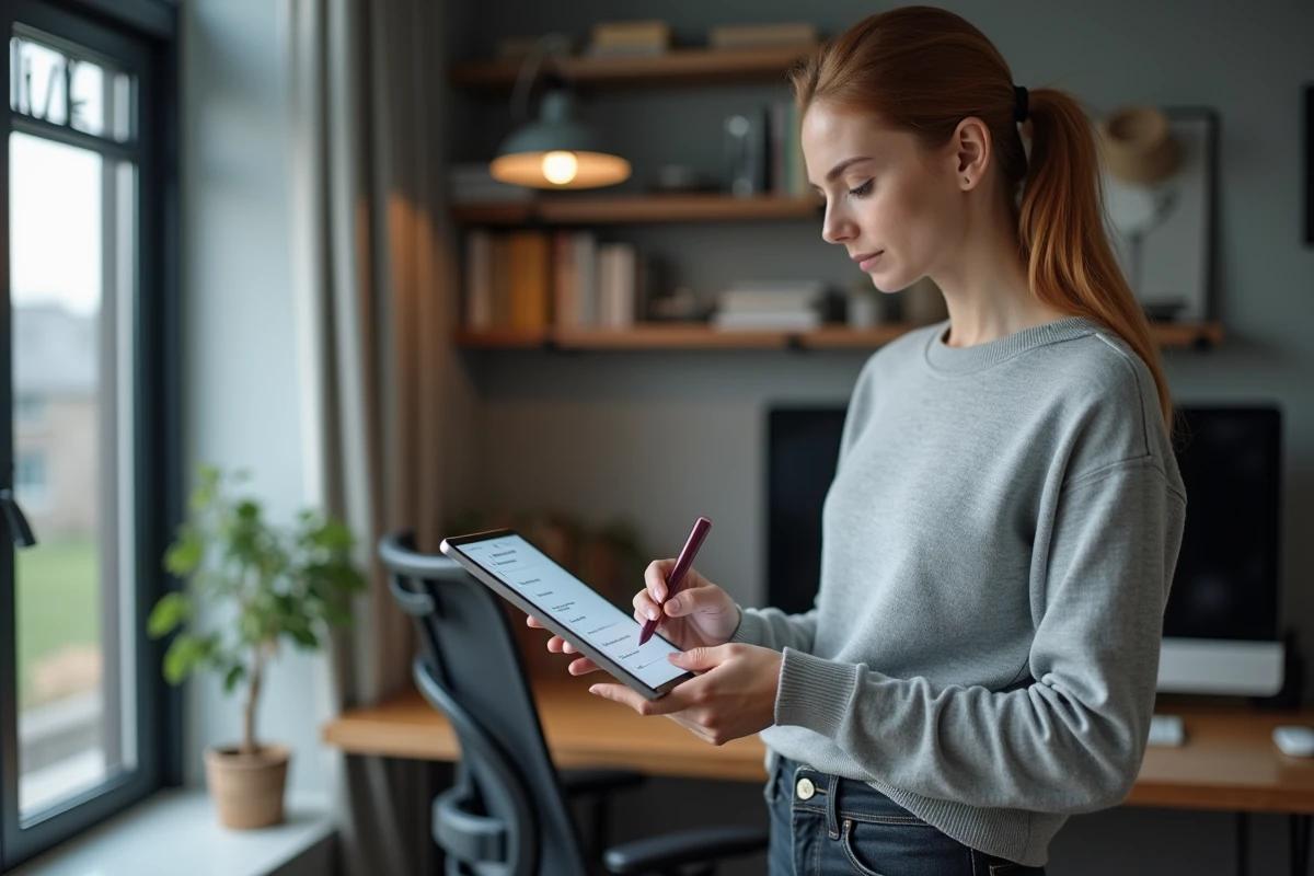 Jeune femme vérifiant une checklist de sécurité sur tablette