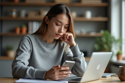 Jeune femme transférant des données entre deux smartphones