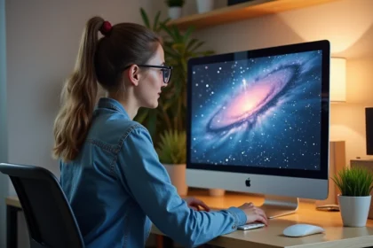 Jeune femme travaillant sur un moniteur 3D neural radiance