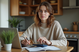 Jeune femme travaillant à la maison avec ordinateur et notes