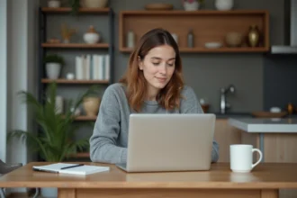 Femme assise à une table en intérieur moderne