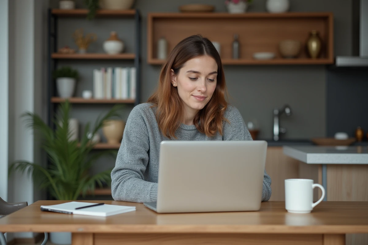Femme assise à une table en intérieur moderne