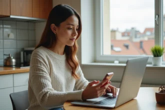 Jeune femme concentrée travaillant sur son ordinateur dans une cuisine moderne
