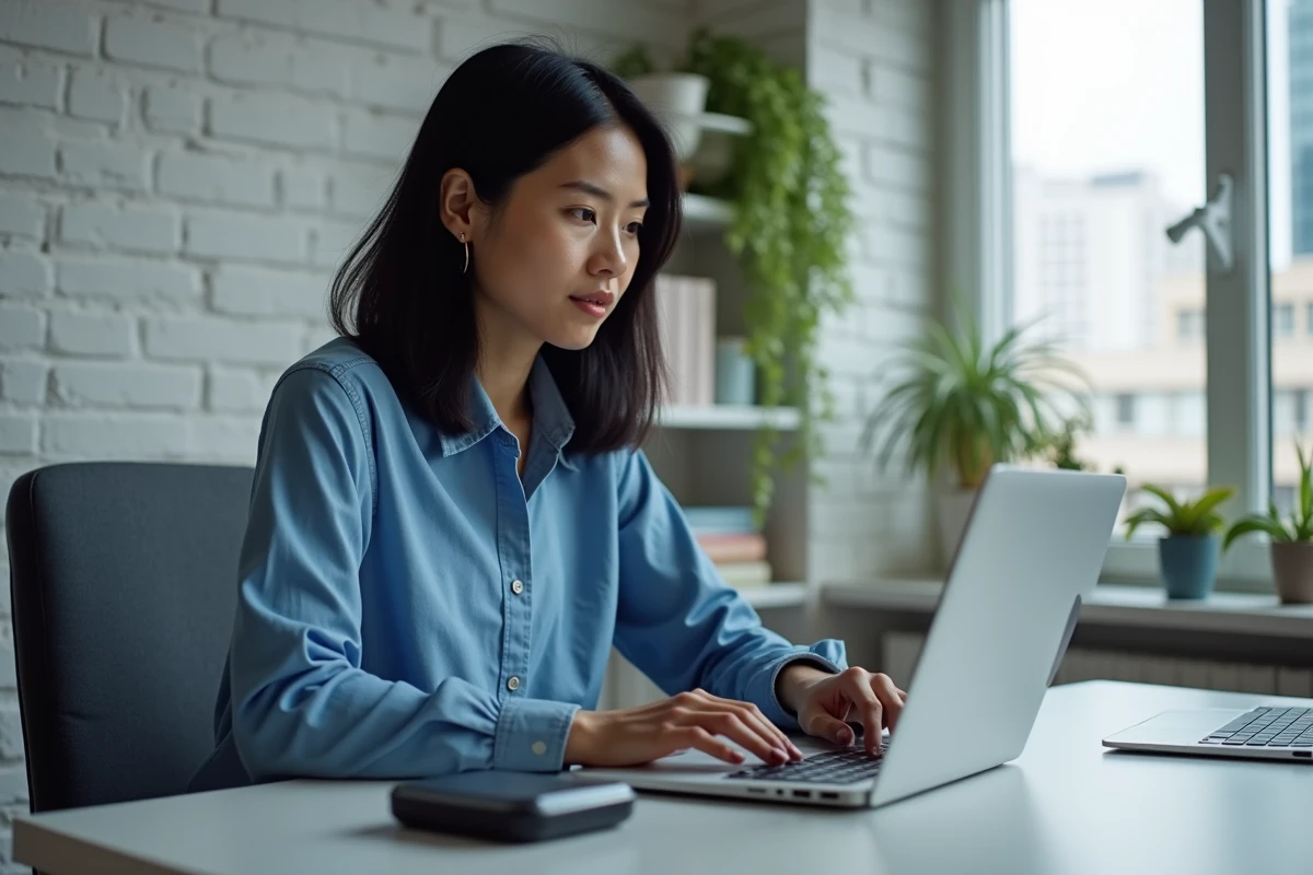 Femme utilisant un ordinateur portable dans un bureau à domicile