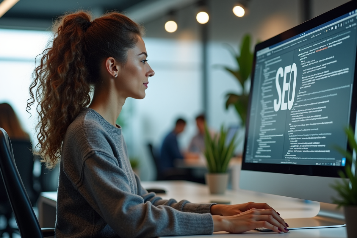 Femme concentrée sur un écran SEO dans un bureau moderne