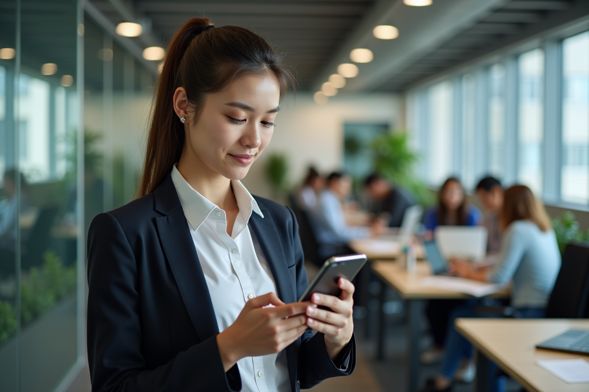 Jeune femme vérifiant une mise à jour sur son smartphone au bureau