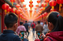 Fête chinoise avec personnes jouant au jeu snake sur smartphone