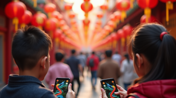 Fête chinoise avec personnes jouant au jeu snake sur smartphone